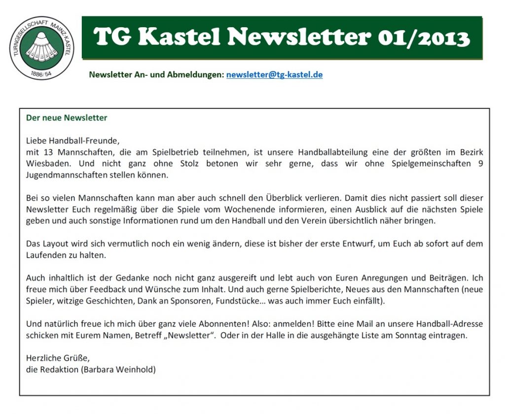 Erster Handball-Newsletter „TG Express“